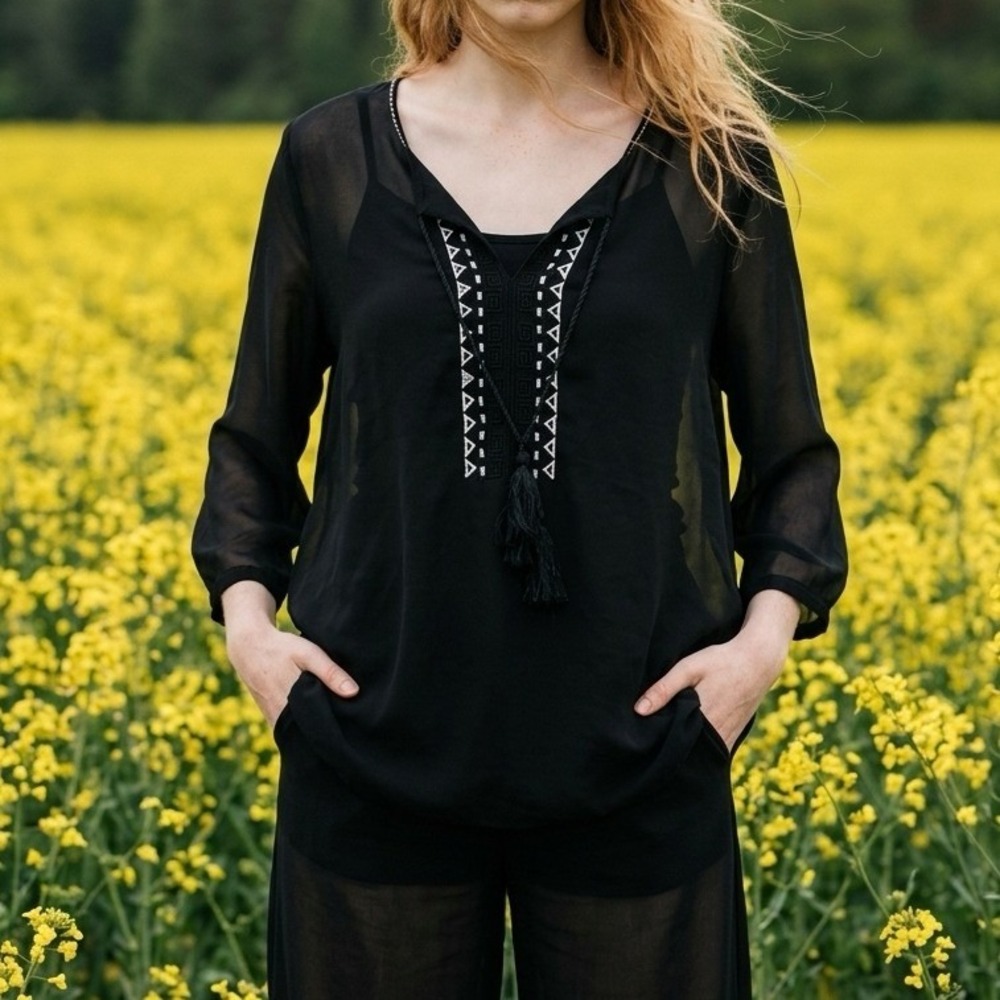 Buffalo David‎ Bitton Blouse Womens XL Black Embroidered Top Boho Festival Sheer